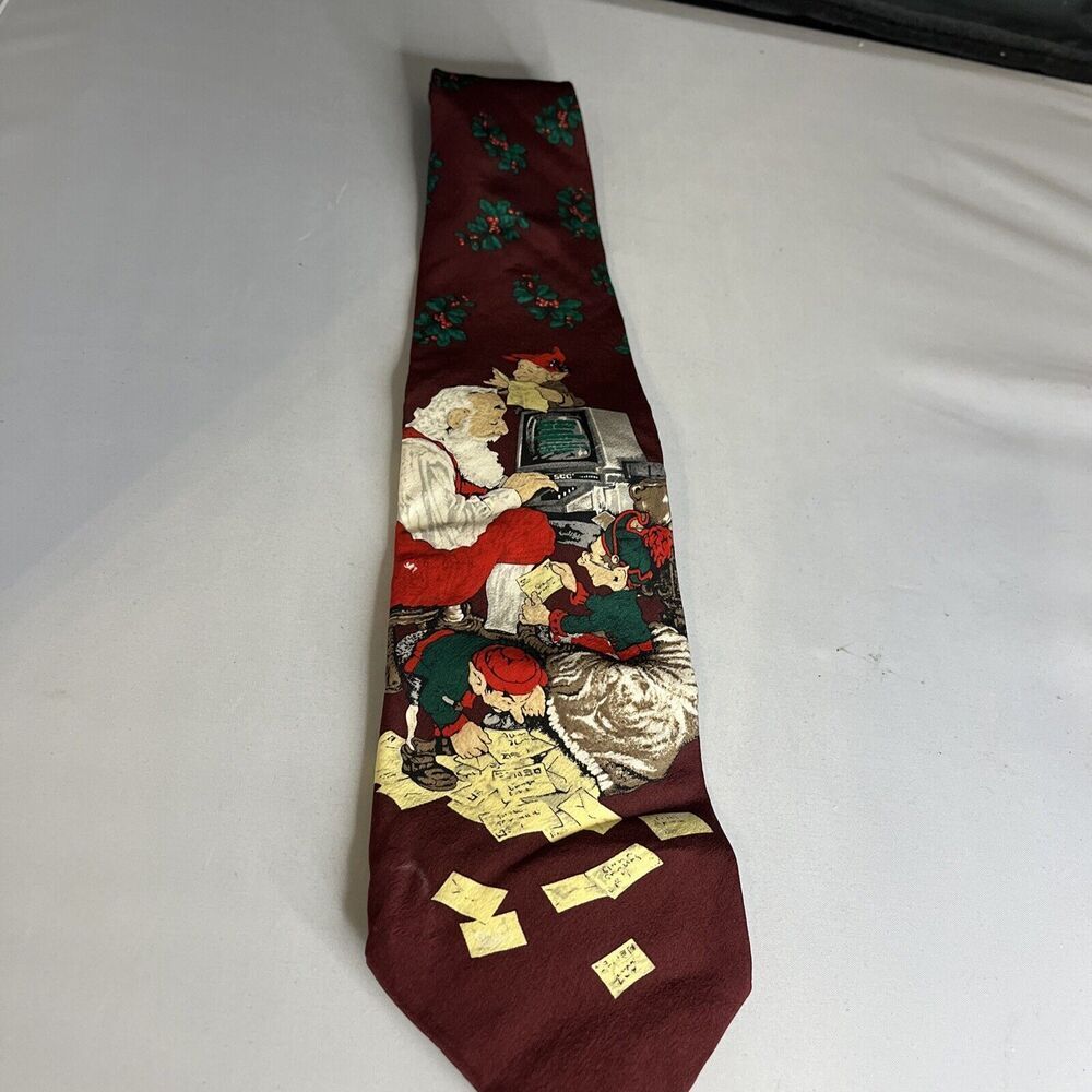 Vintage Computer SANTA Elves Neck Tie Saturday Evening Post Christmas Blue Silk